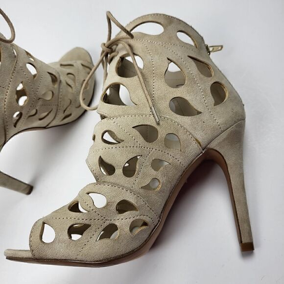 Aldo Tan Suede Laser-Cut Peep Toe Heels, Size 6.5 - Picture 1 of 16